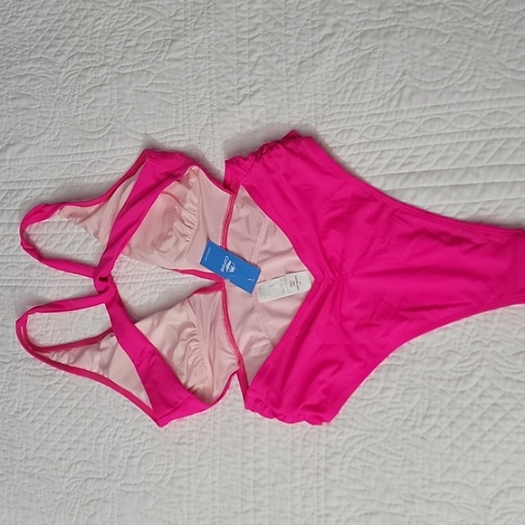 Women's Pink Deep V-Neck Back Cross Ruched High Cut One-Piece Swimsuit - Picture 4 of 15